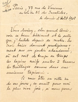 Lettre de Rainer Maria Rilke à Auguste Rodin, [Ms.484] Crédits photo - Musée Rodin