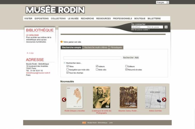 Page d’accueil du catalogue en ligne de la bibliothèque du musée Rodin avec trois onglets de recherche : recherche simple, recherche multi-critères et périodiques. Les nouveautés sont présentées à travers quatre vignettes de couvertures cliquables.