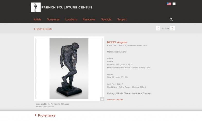 Présentation d’une page de la base de données en ligne du French Sculpture Census avec un Adam de Rodin