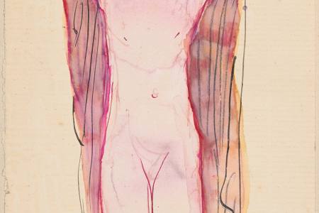 Standing nude woman, hands on her head, circa 1890