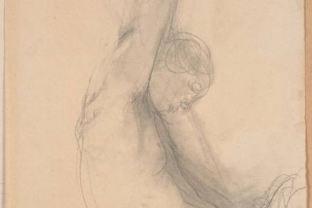 Torse de femme nue, de profil à droite, les bras dressés au-dessus de la tête